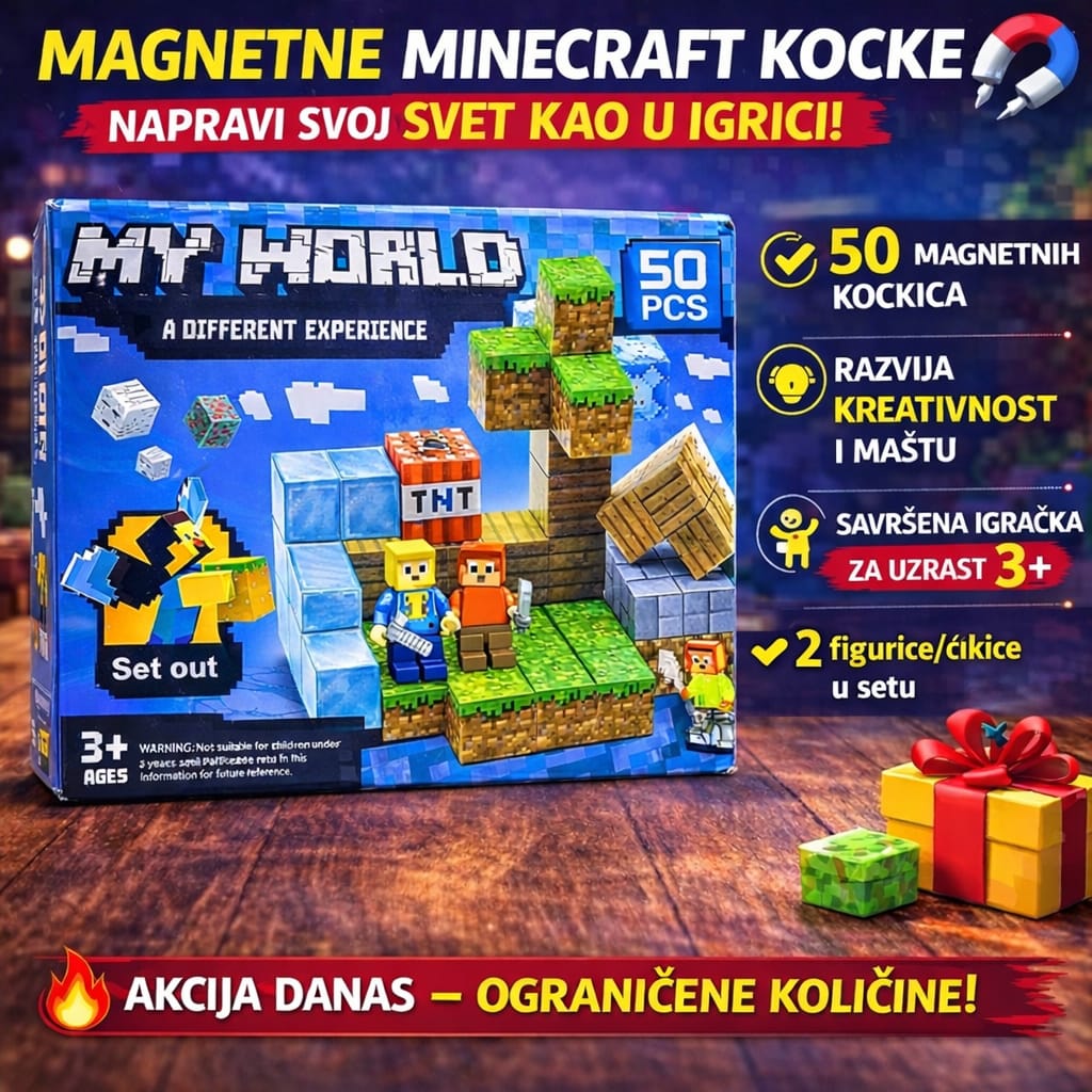 Minecraft magnetne kocke - set od 50kom + 2 figurice