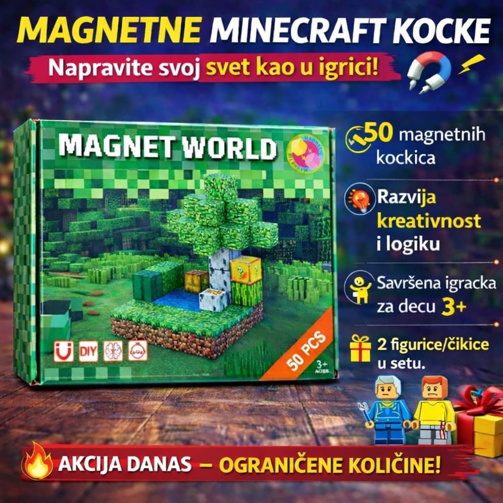 Minecraft magnetne kocke - set od 50kom + 2 figurice