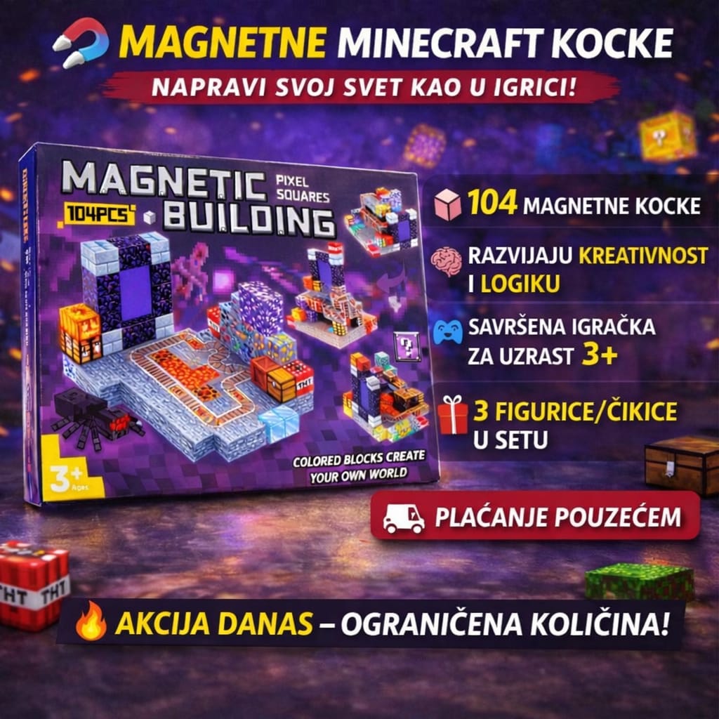 Minecraft magnetne kocke - set od 104kom + 3 figurice